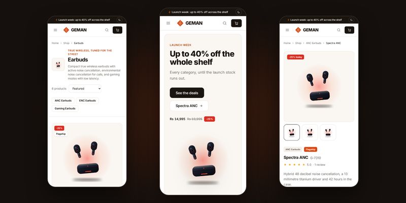GEMAN on a phone: a category, the home page and a product page